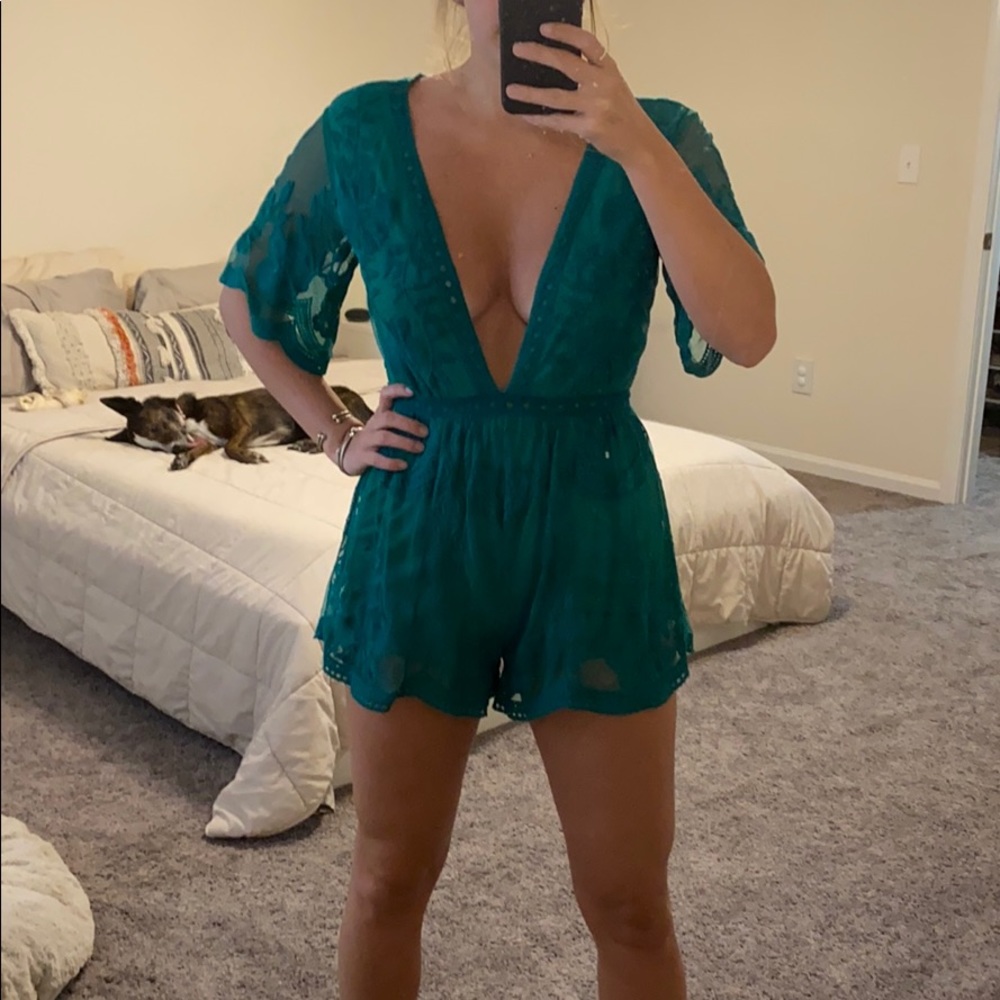 Lined emerald v cut romper